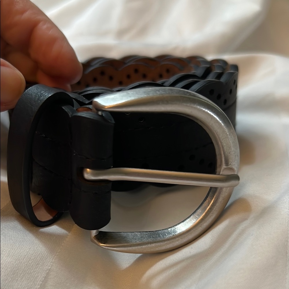 Elegant Scalloped Perforated Black Leather and Silver Buckle Belt